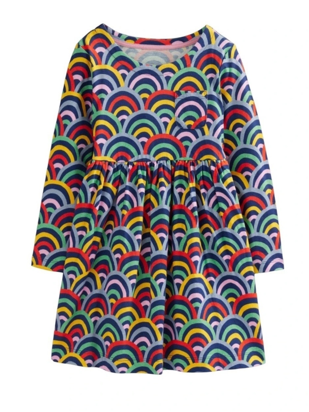 Mini Boden Girls 11-12Y Rainbow Scallop Long Sleeve Cotton Jersey Dress Pockets